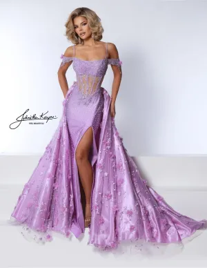 Johnathan Kayne 2965 Prom Dress Long Fitted Lace Overskirt Dress Sheer Corset Slit Pageant off the shoulder