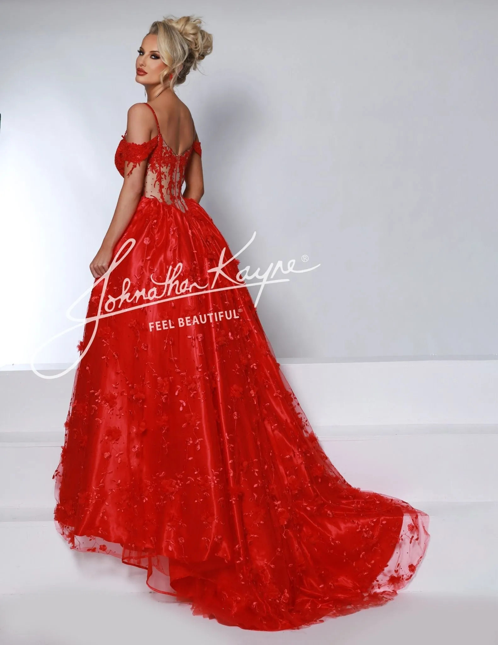 Johnathan Kayne 2965 Prom Dress Long Fitted Lace Overskirt Dress Sheer Corset Slit Pageant off the shoulder