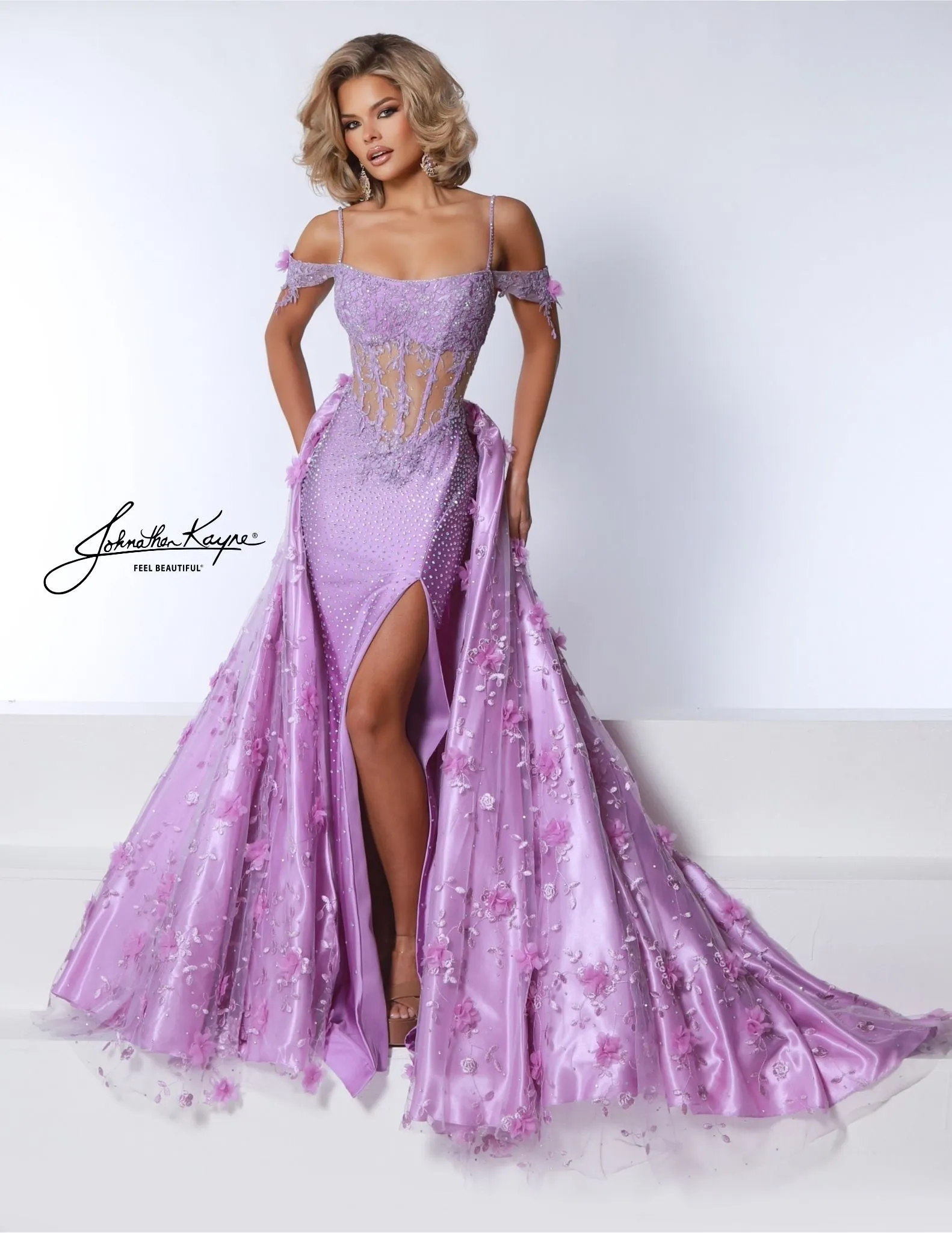 Johnathan Kayne 2965 Prom Dress Long Fitted Lace Overskirt Dress Sheer Corset Slit Pageant off the shoulder