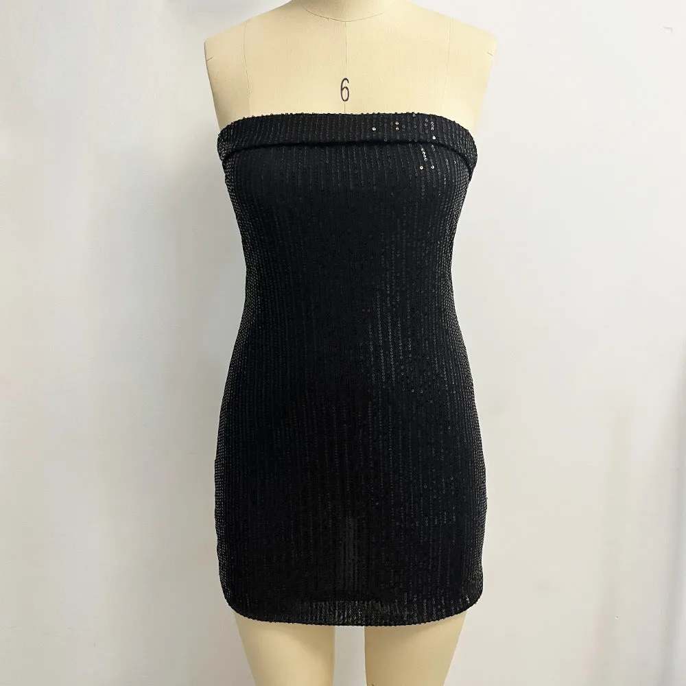 Joskaa avant garde dress to impress 2024 Women's Tube Top Sexy Hot Girl Dress Sequined off-the-Shoulder Temperament Short Slimming Sheath Dress