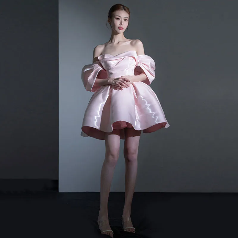 Joskaa avant garde dress to impress French Style Light Luxury Evening Dress Design Temperament Short Banquet Birthday Party off-Shoulder Pink Princess Dress