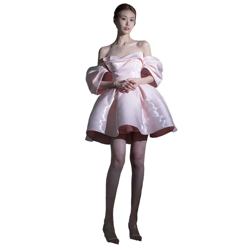 Joskaa avant garde dress to impress French Style Light Luxury Evening Dress Design Temperament Short Banquet Birthday Party off-Shoulder Pink Princess Dress