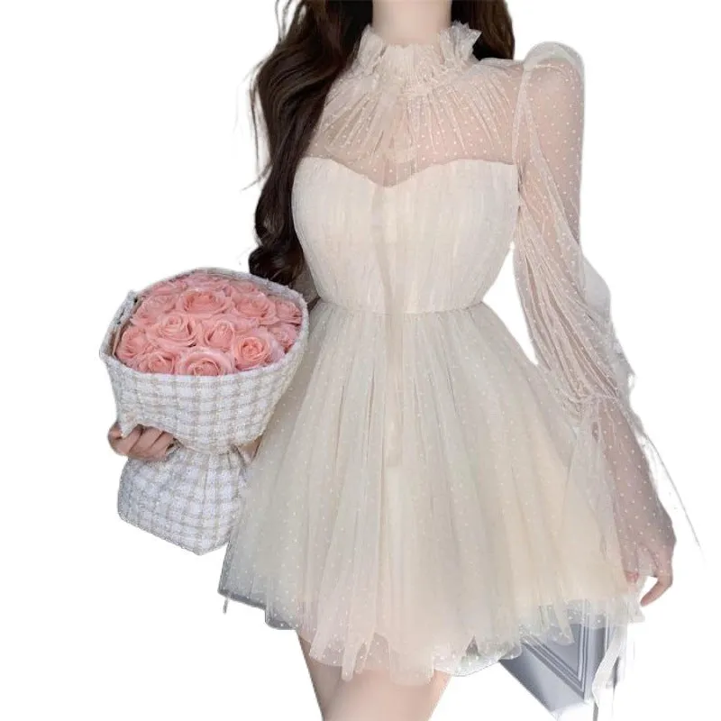 Joskaa avant garde dress to impress Long Sleeve Polka Dot Mesh Stitching Tube Top Waist Slimming Pettiskirt Dress Women's Spring and Autumn New