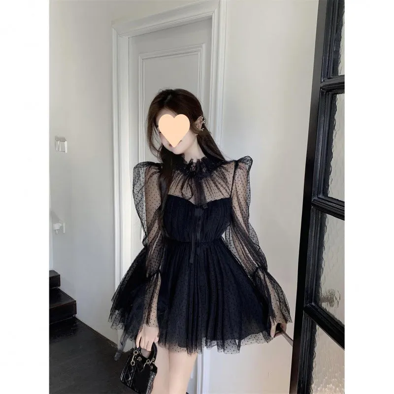 Joskaa avant garde dress to impress Long Sleeve Polka Dot Mesh Stitching Tube Top Waist Slimming Pettiskirt Dress Women's Spring and Autumn New