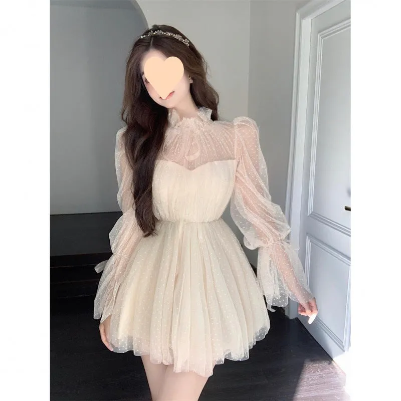 Joskaa avant garde dress to impress Long Sleeve Polka Dot Mesh Stitching Tube Top Waist Slimming Pettiskirt Dress Women's Spring and Autumn New