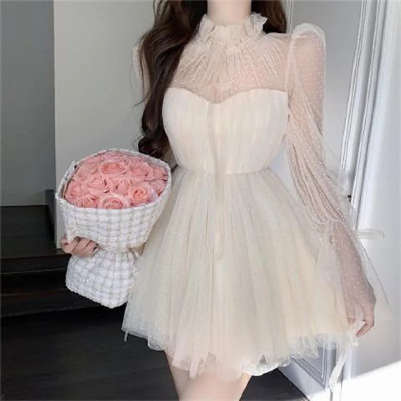 Joskaa avant garde dress to impress Long Sleeve Polka Dot Mesh Stitching Tube Top Waist Slimming Pettiskirt Dress Women's Spring and Autumn New