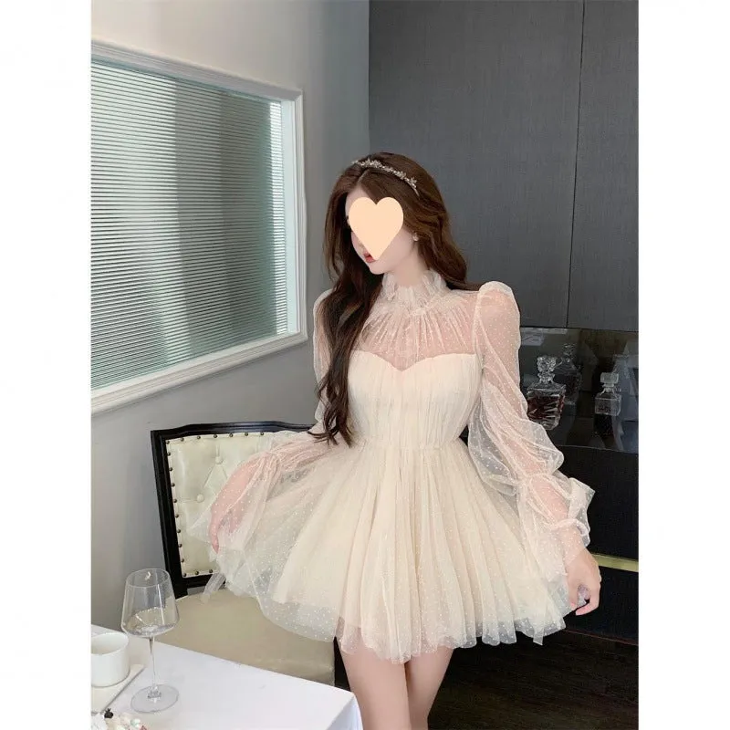 Joskaa avant garde dress to impress Long Sleeve Polka Dot Mesh Stitching Tube Top Waist Slimming Pettiskirt Dress Women's Spring and Autumn New