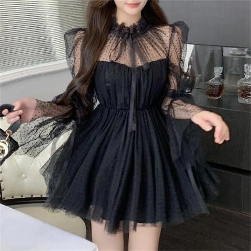 Joskaa avant garde dress to impress Long Sleeve Polka Dot Mesh Stitching Tube Top Waist Slimming Pettiskirt Dress Women's Spring and Autumn New