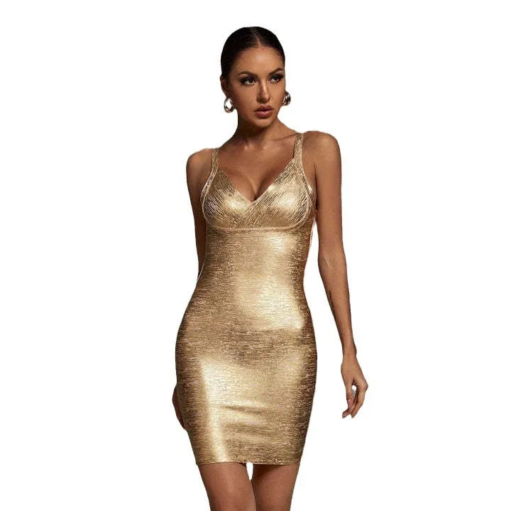 Joskaa avant garde dress to impress New V-neck Sling Bronzing Women's Performance Party Golden Bandage Dress