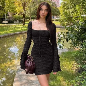Joskaa avant garde dress to impress Women's Autumn New Sexy Square Collar Low-Cut Bell Sleeve Slim-Fit Hip Skirt Cake Skirt for Women