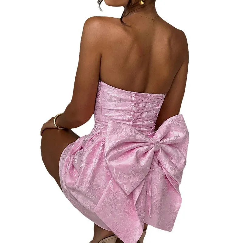 Joskaa avant garde dress to impress Women's Summer 2024 New Fashion Style Elegant Sexy Jacquard Tube Top Bow Mini Dress Women