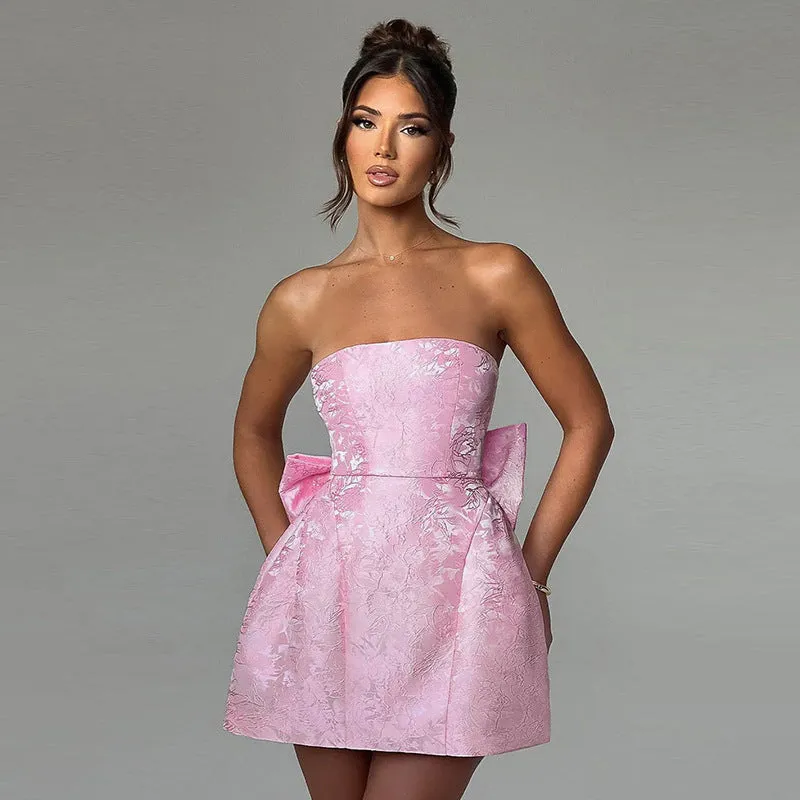 Joskaa avant garde dress to impress Women's Summer 2024 New Fashion Style Elegant Sexy Jacquard Tube Top Bow Mini Dress Women