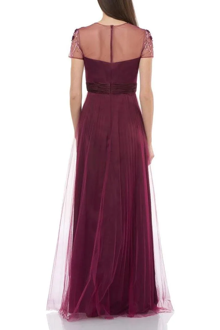 JS Collections Crew Neck Short Sleeve Embellished Bodice Ruched Waist Zipper Back Mesh Gown