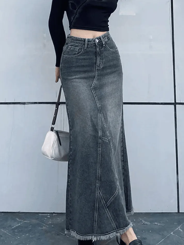 Jupe longue en jean patchwork fendue au dos