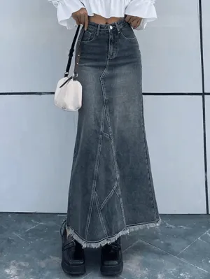 Jupe longue en jean patchwork fendue au dos