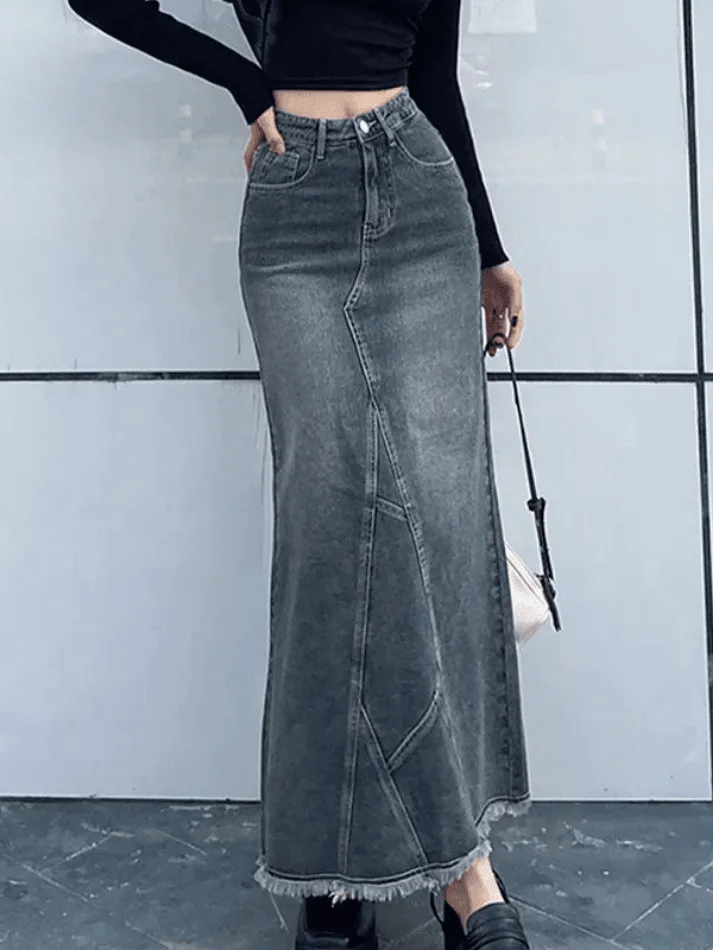 Jupe longue en jean patchwork fendue au dos