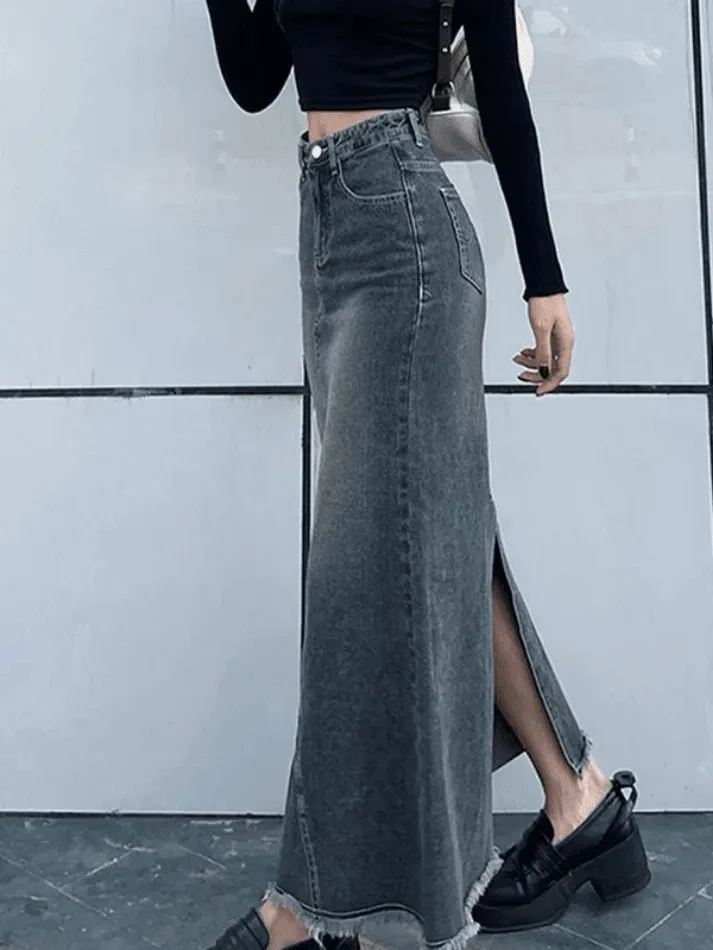 Jupe longue en jean patchwork fendue au dos
