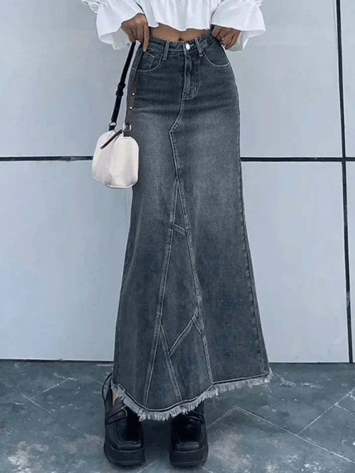 Jupe longue en jean patchwork fendue au dos