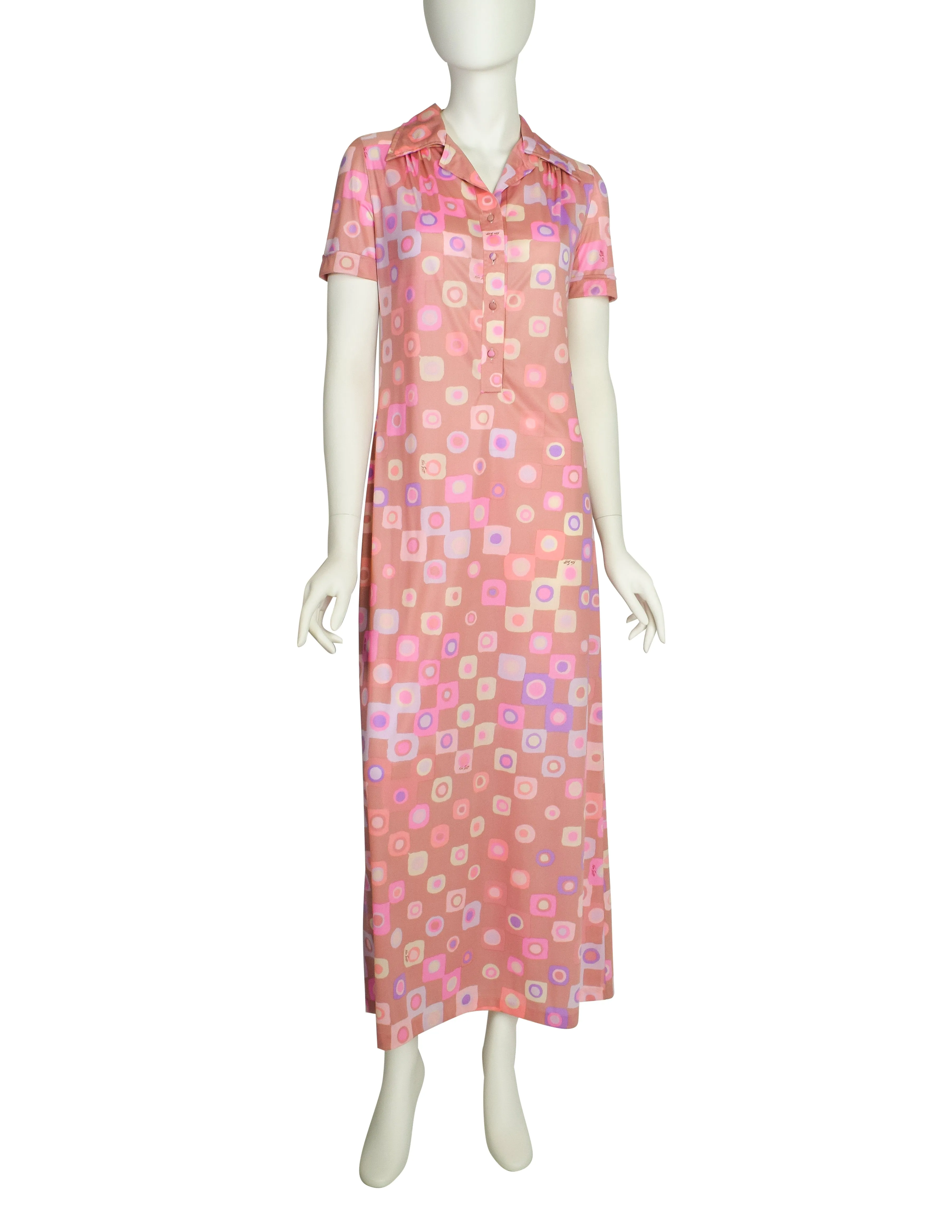 Ken Scott Vintage 1970s Pink Purple Op Art Maxi Shirt Dress