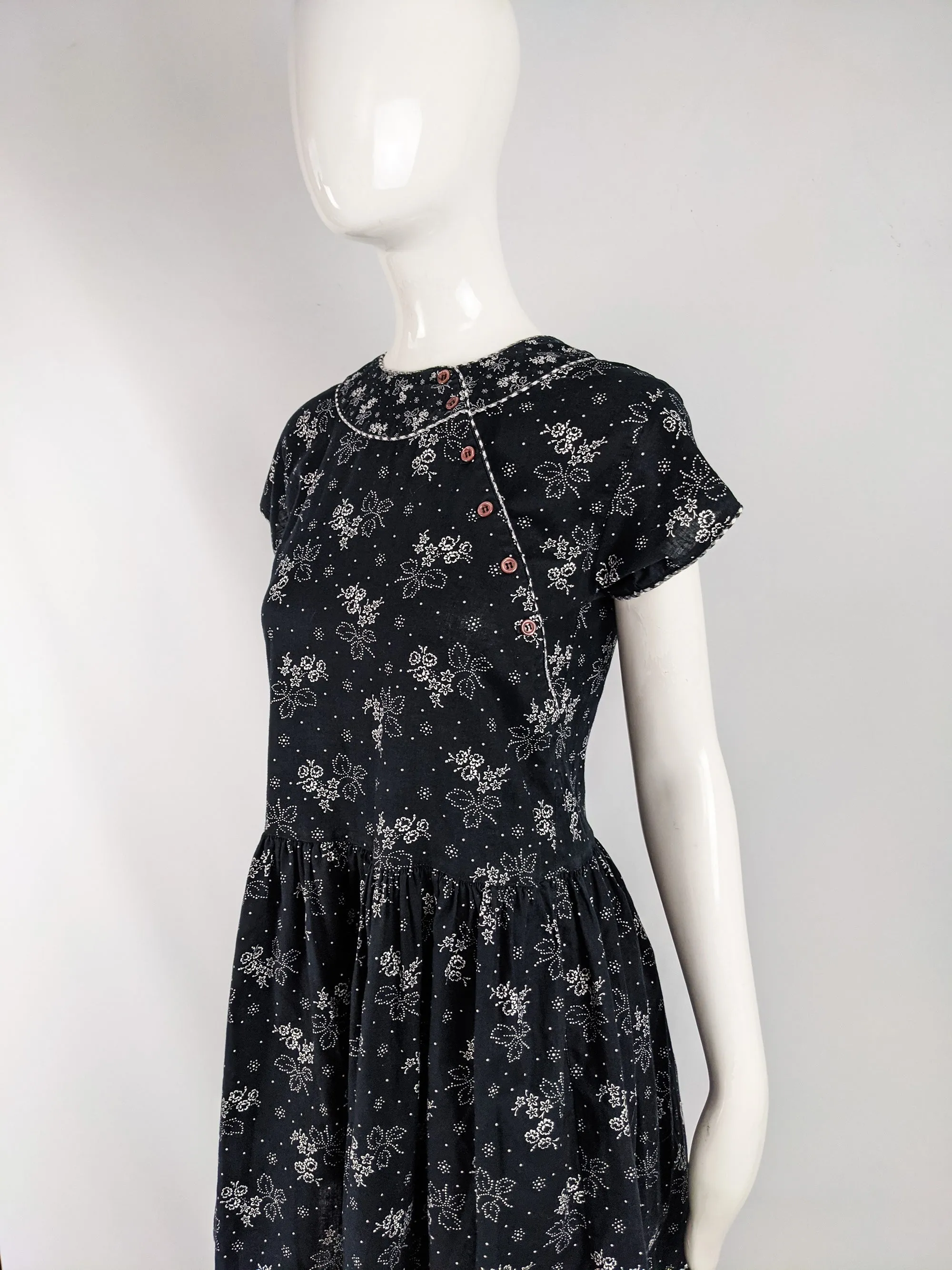 Kenzo Vintage Black & White Asian Floral Drop Waist Dress, 1980s