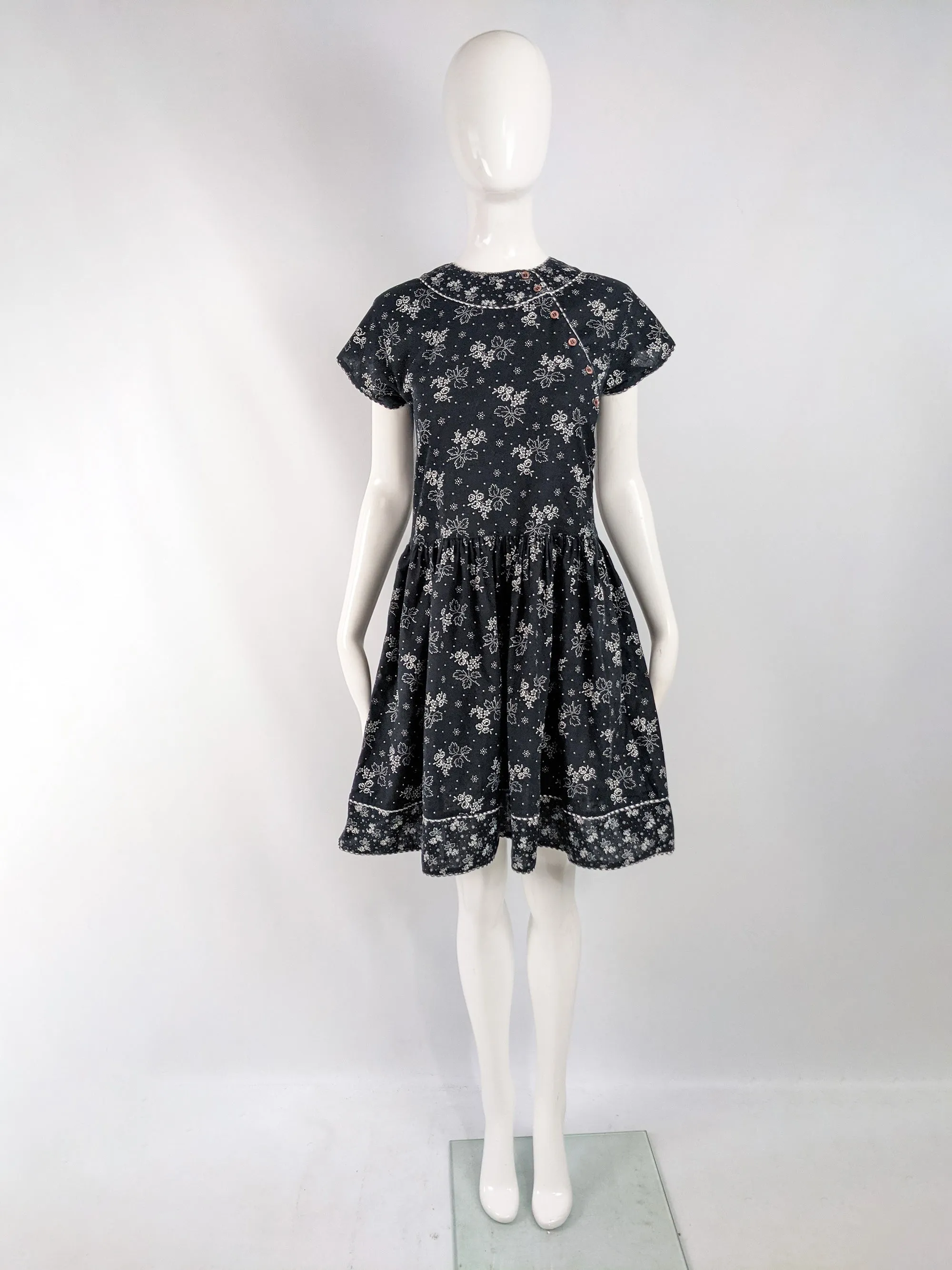 Kenzo Vintage Black & White Asian Floral Drop Waist Dress, 1980s