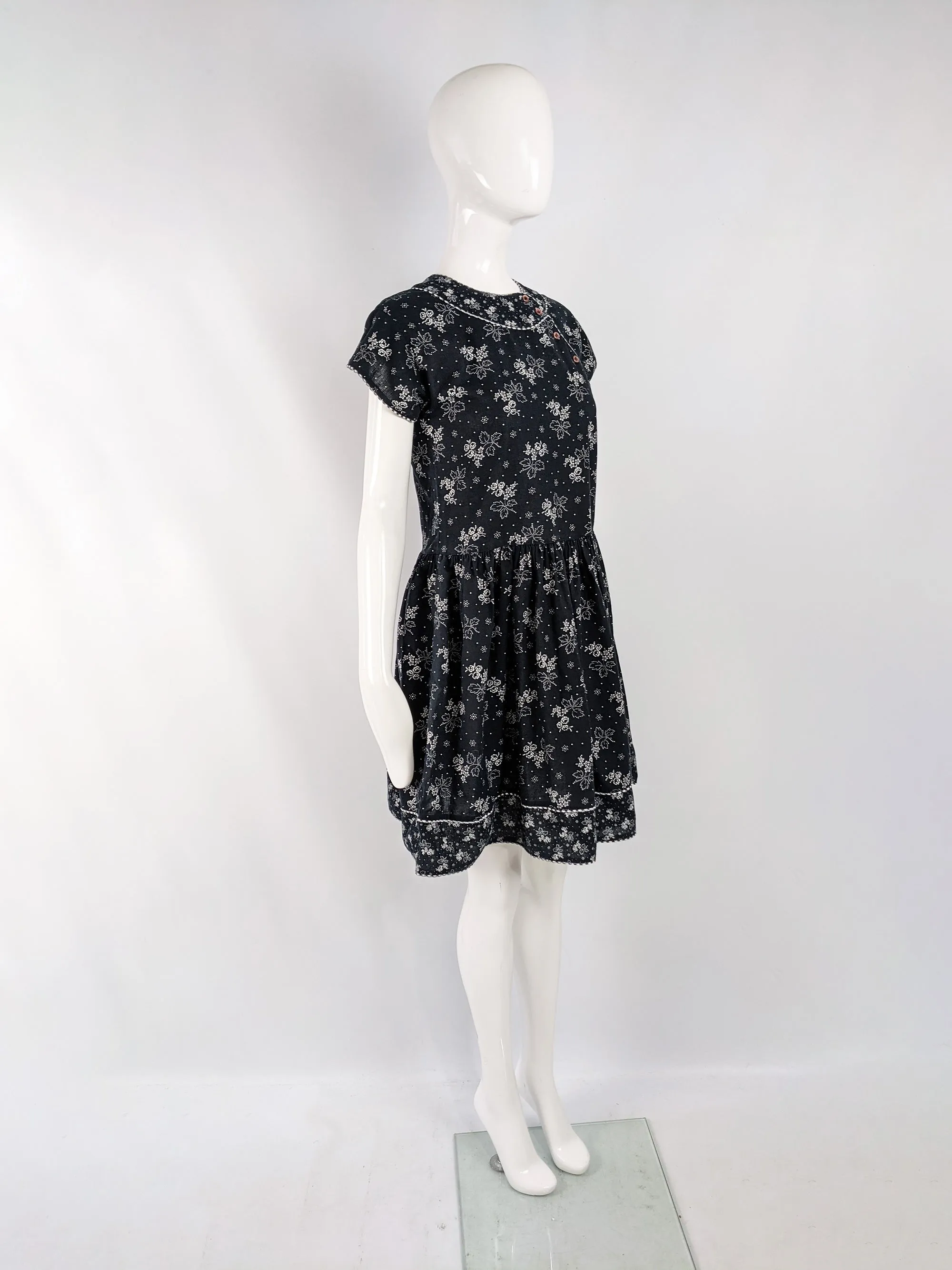 Kenzo Vintage Black & White Asian Floral Drop Waist Dress, 1980s