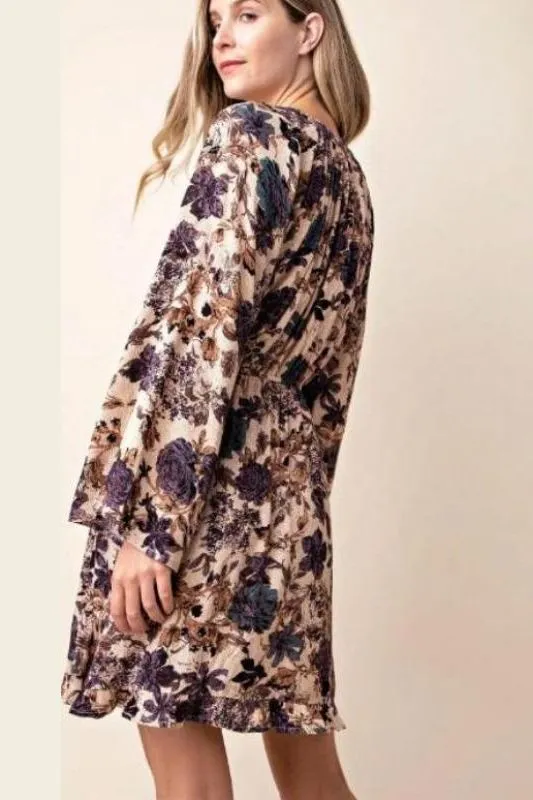 Kori Floral Ruffle Hem Dress - Taupe/Purple