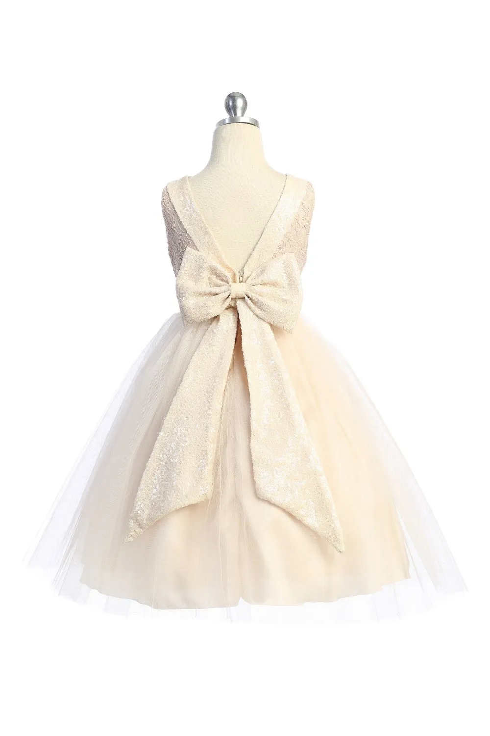 Lace Sequin V Back & Bow Girls Dress with Plus Sizes