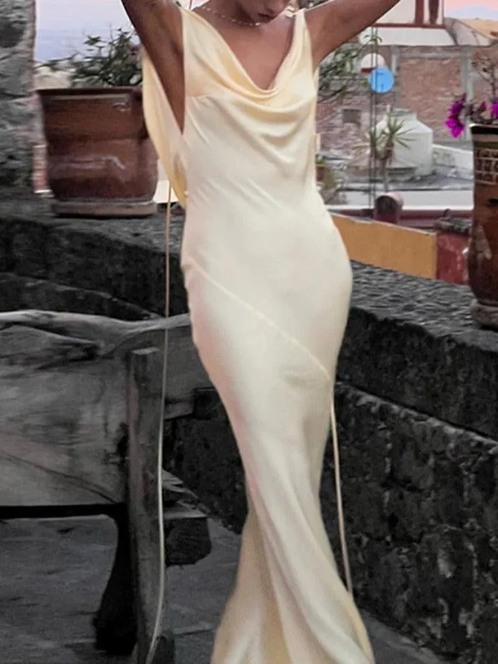 LANFUBEISI - Satin Backless Tie Up Maxi Dress