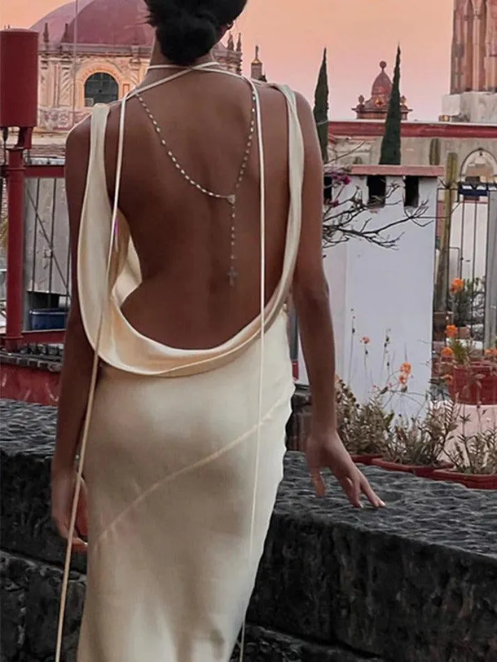 LANFUBEISI - Satin Backless Tie Up Maxi Dress