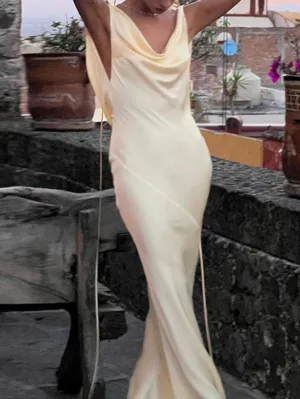 LANFUBEISI - Satin Backless Tie Up Maxi Dress