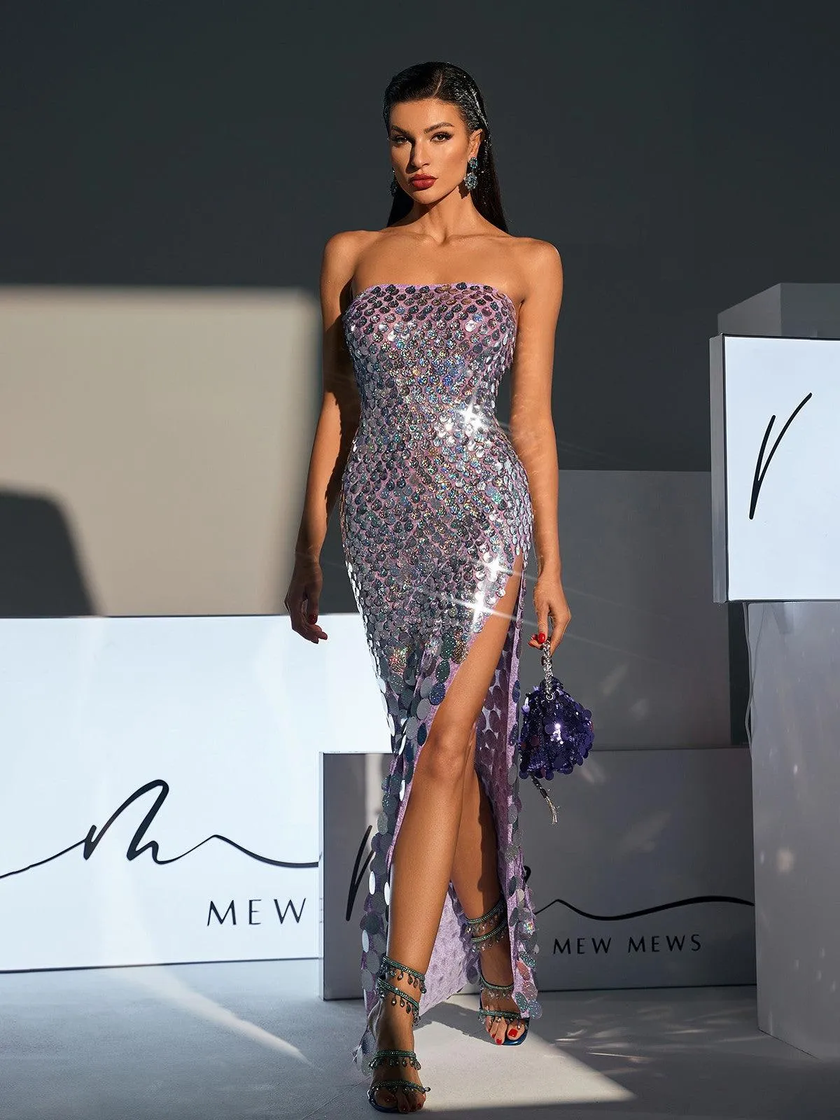 Laszlo Strapless Sequin Split Maxi Dress
