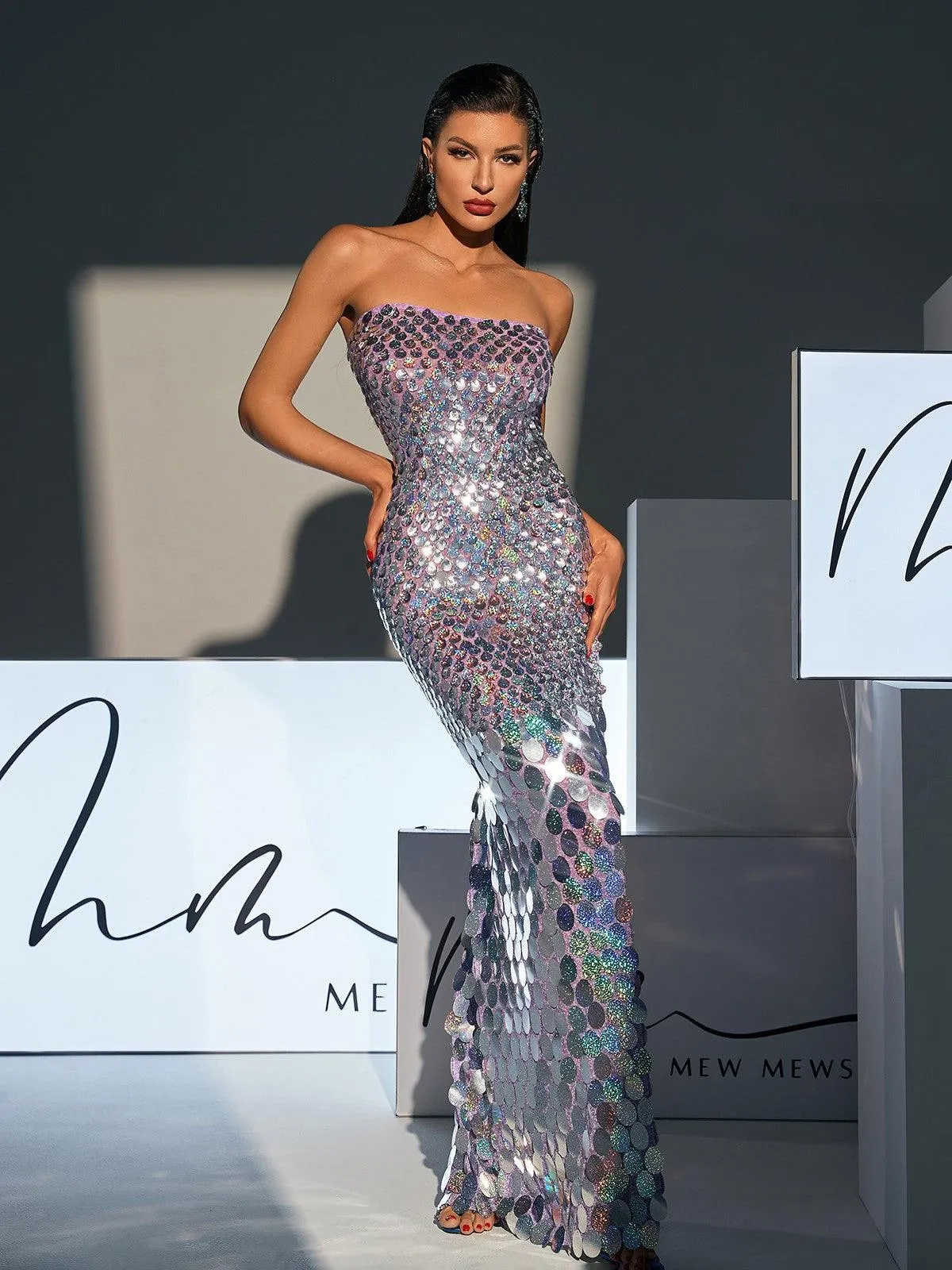 Laszlo Strapless Sequin Split Maxi Dress