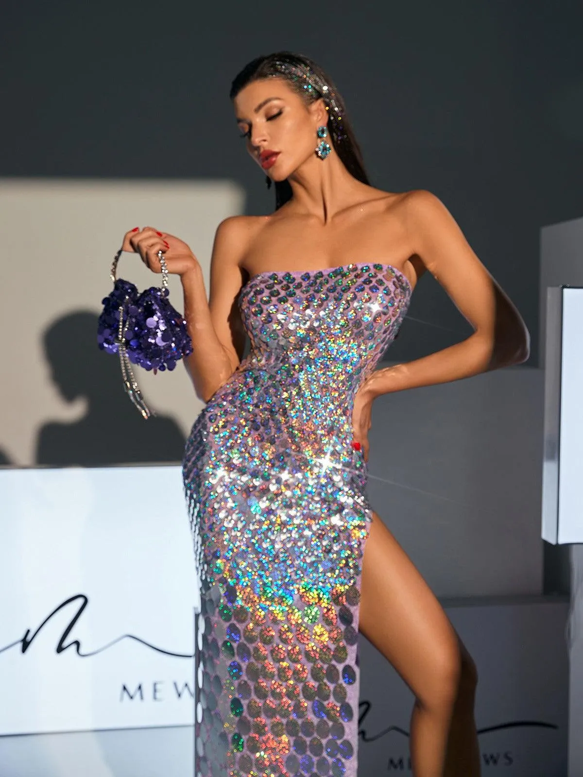 Laszlo Strapless Sequin Split Maxi Dress