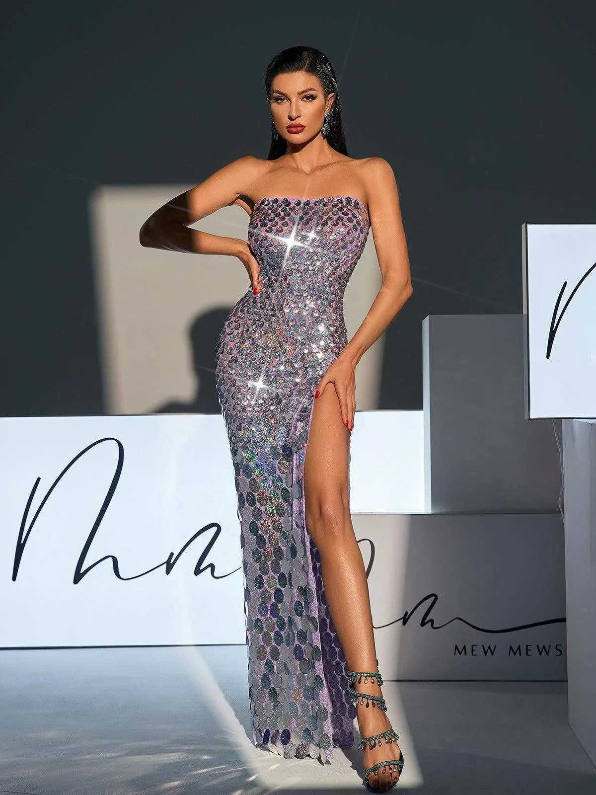 Laszlo Strapless Sequin Split Maxi Dress