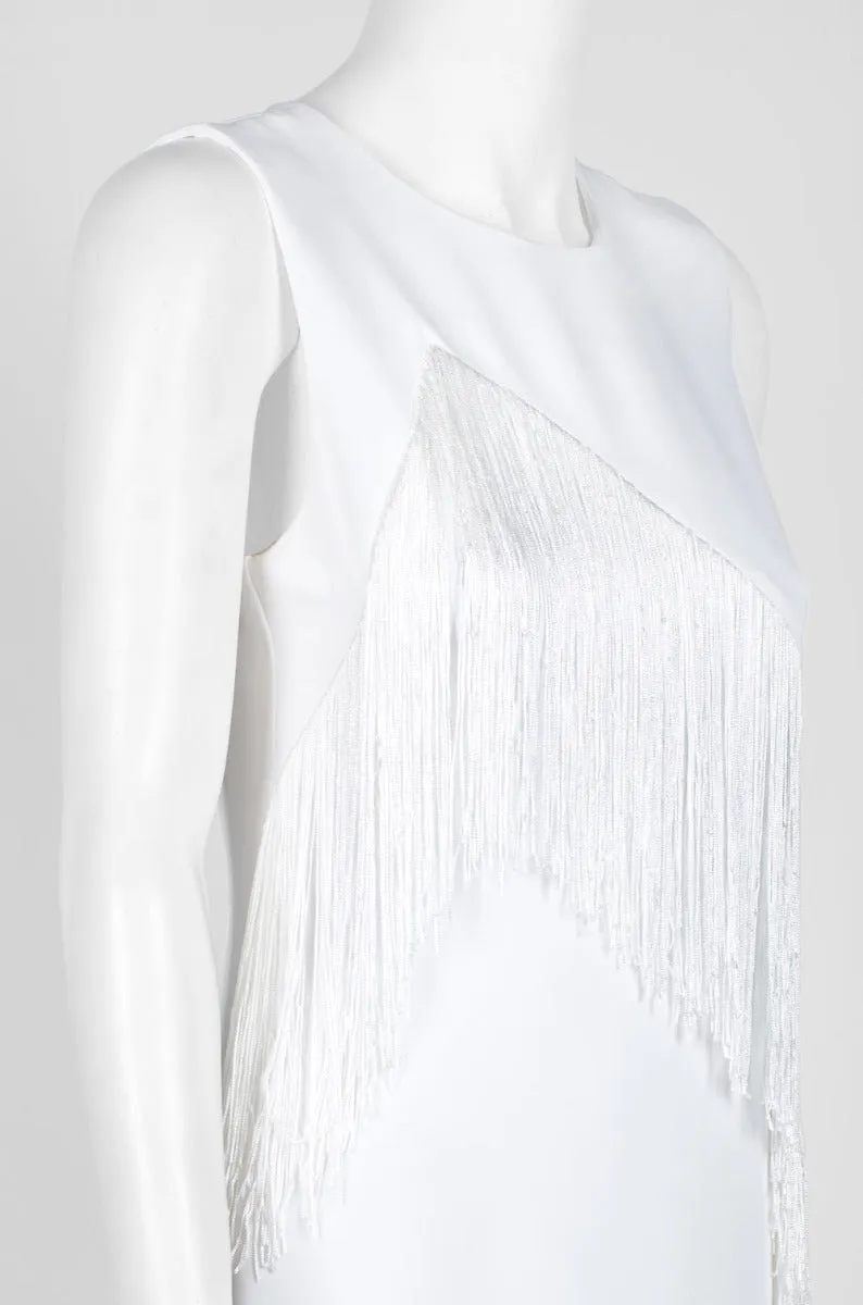 Laundry Crew Neck Sleeveless Asymmetrical Tassel Detail Zipper Back Crepe Dress