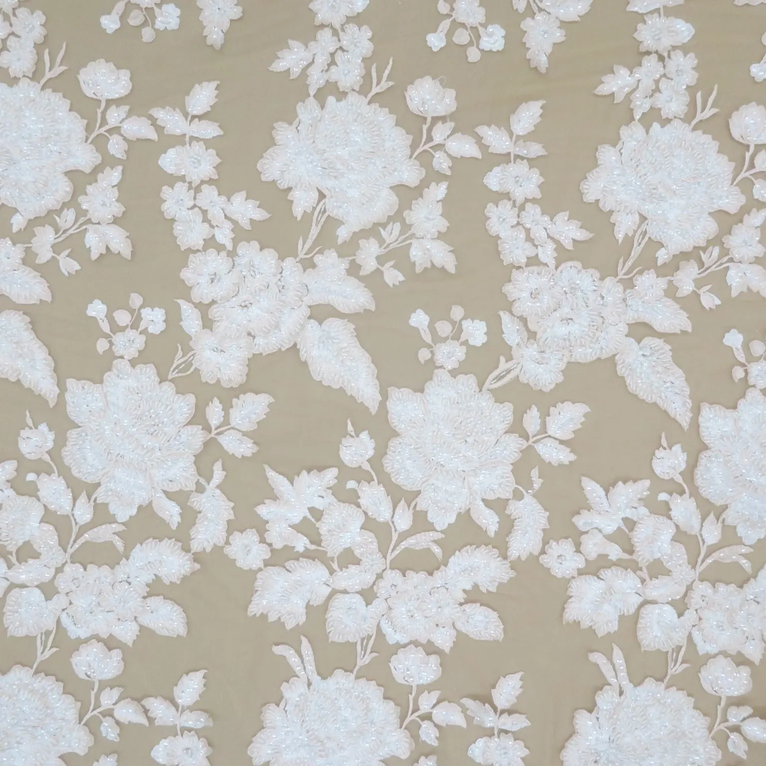 Light Pink Tulle with Champagne Abstract Floral Sequins Bugle Beads and Pearls on Embroidered Tulle Fabric