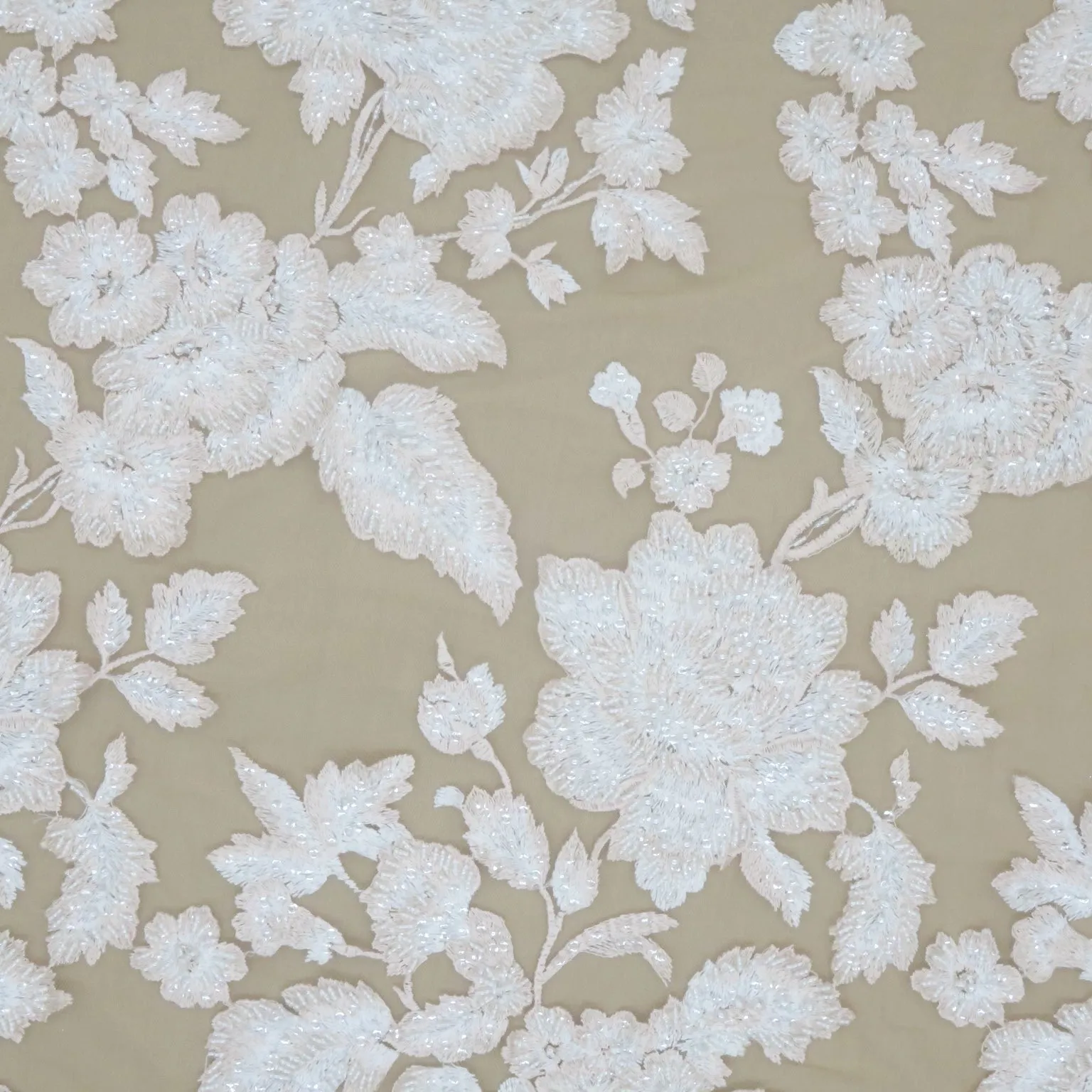 Light Pink Tulle with Champagne Abstract Floral Sequins Bugle Beads and Pearls on Embroidered Tulle Fabric