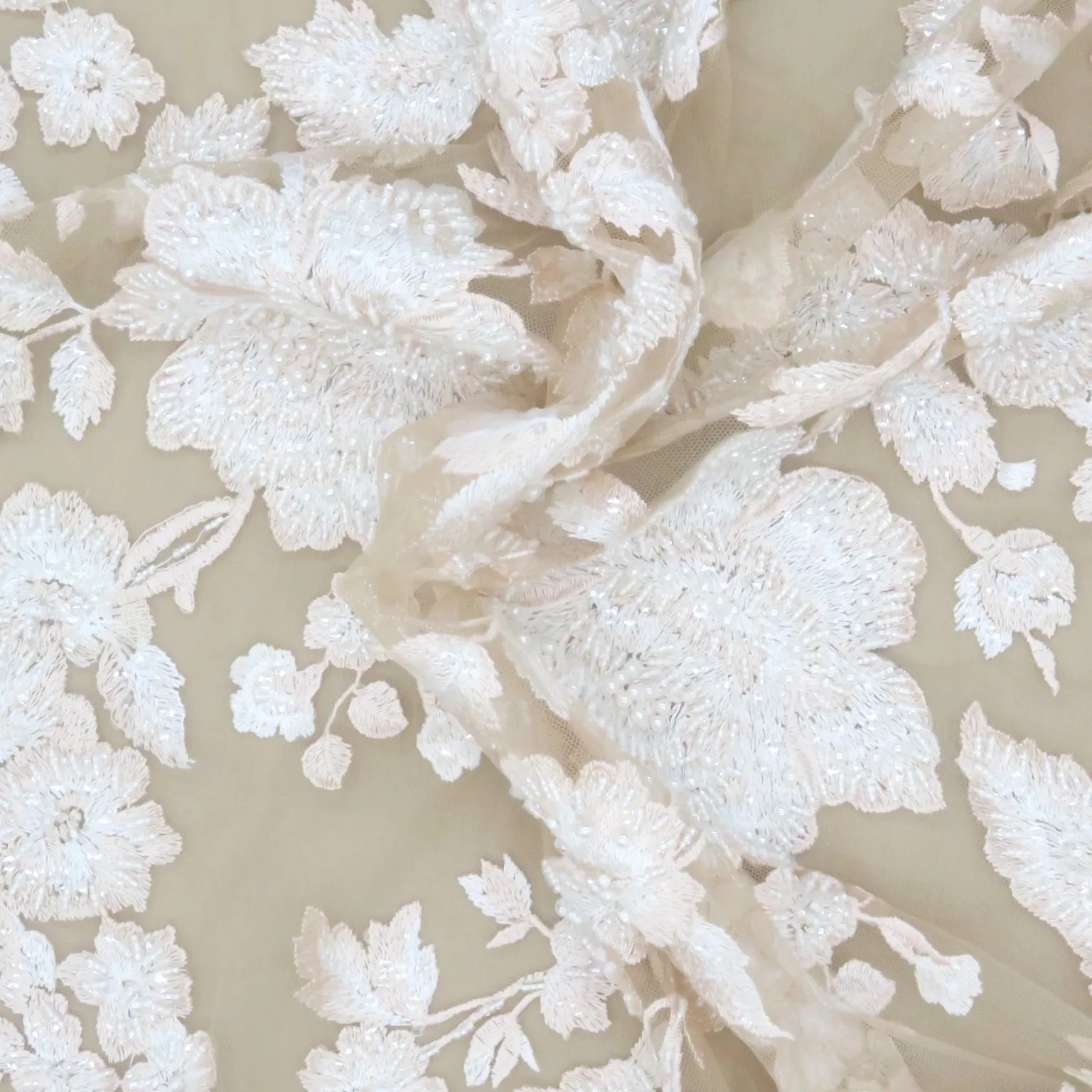 Light Pink Tulle with Champagne Abstract Floral Sequins Bugle Beads and Pearls on Embroidered Tulle Fabric