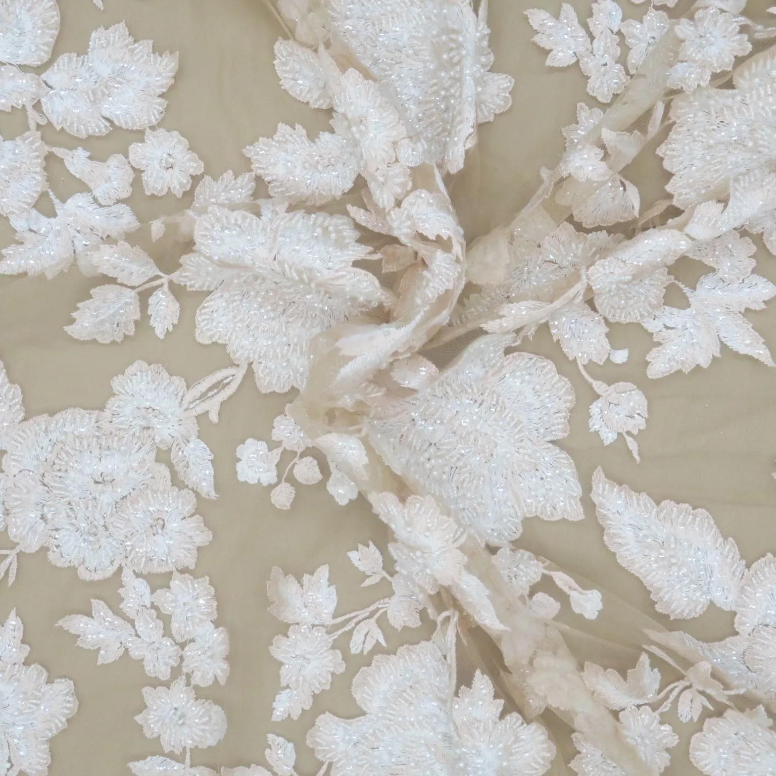 Light Pink Tulle with Champagne Abstract Floral Sequins Bugle Beads and Pearls on Embroidered Tulle Fabric