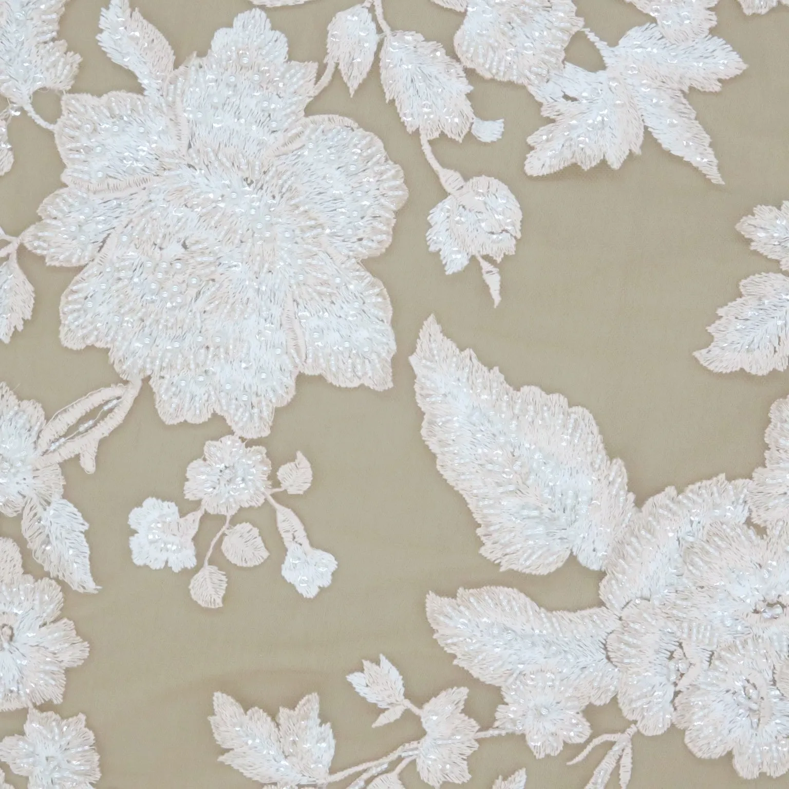 Light Pink Tulle with Champagne Abstract Floral Sequins Bugle Beads and Pearls on Embroidered Tulle Fabric
