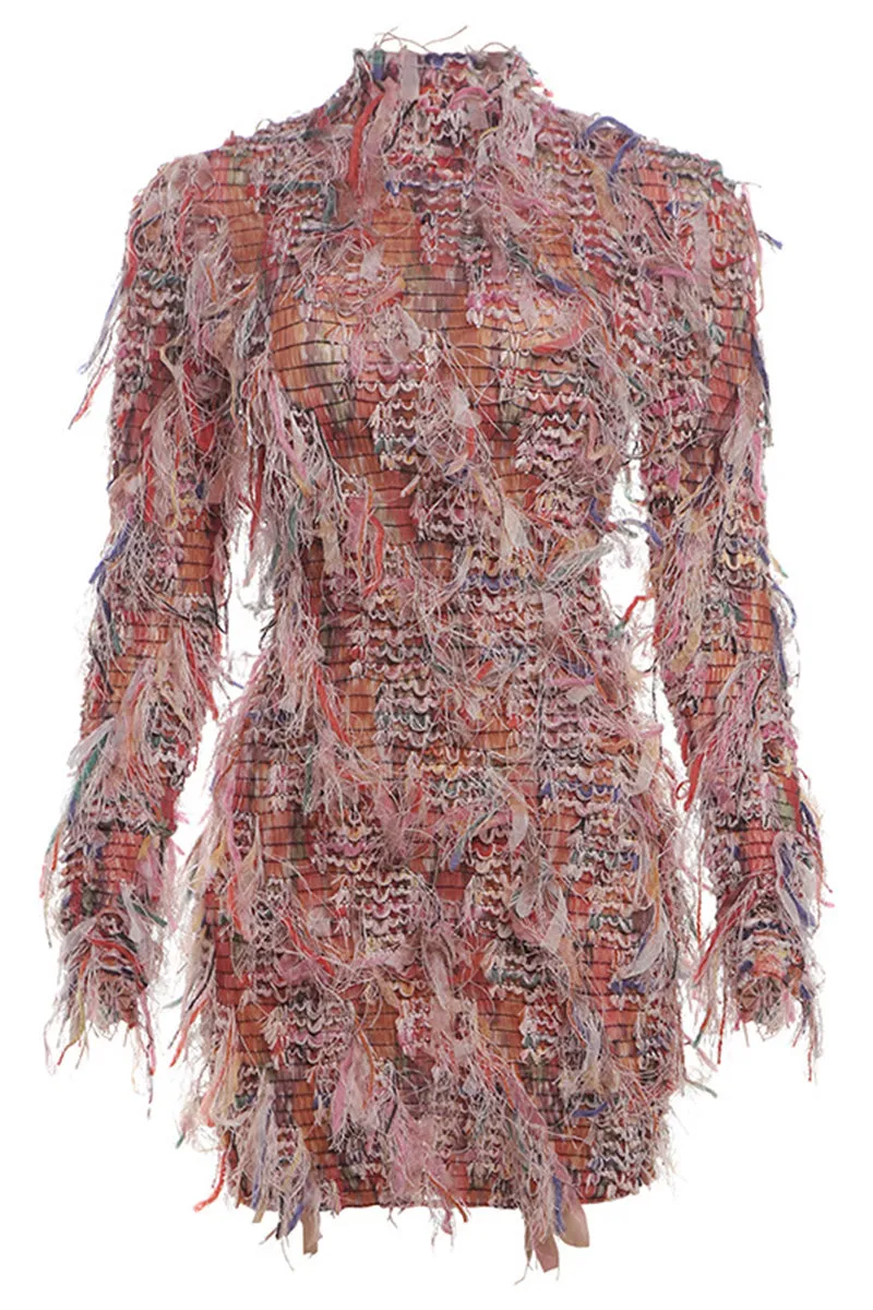 Long Sleeve Color Patchwork Tassel Hollow Mini Dress