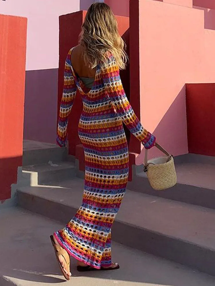 Long Sleeve Colorful Contrast Hollow Knit Maxi Dress