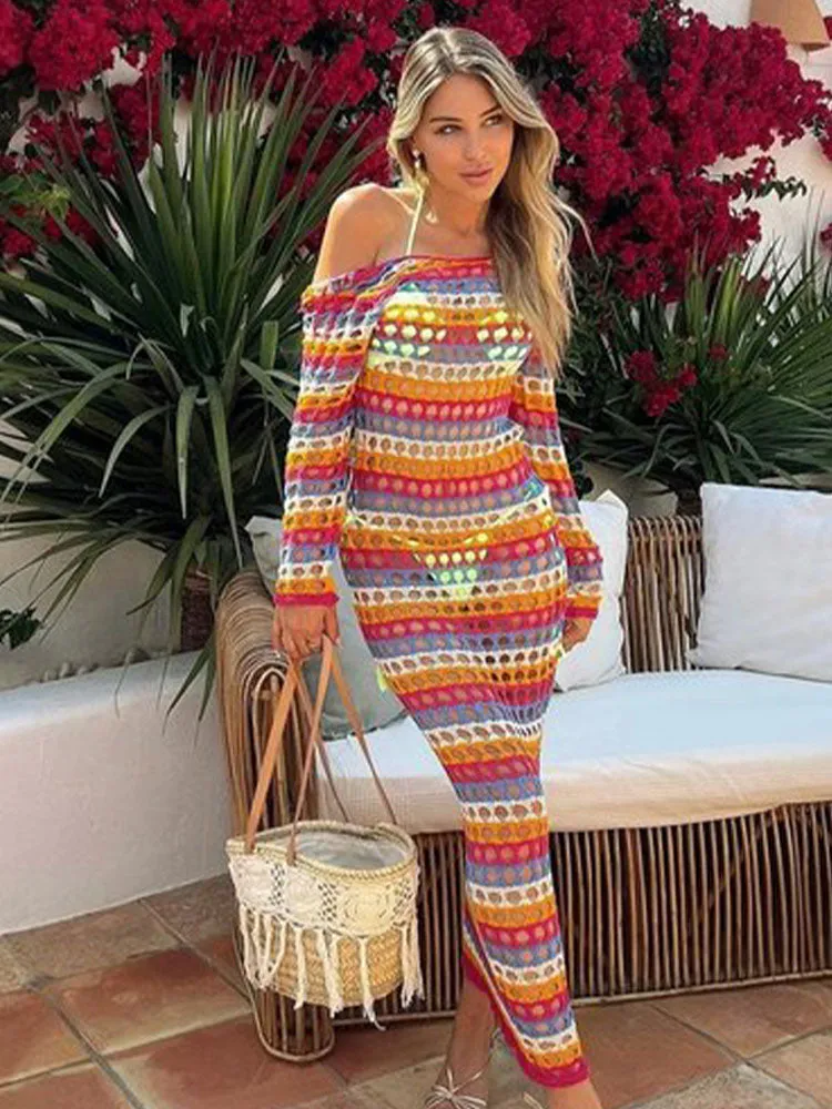 Long Sleeve Colorful Contrast Hollow Knit Maxi Dress