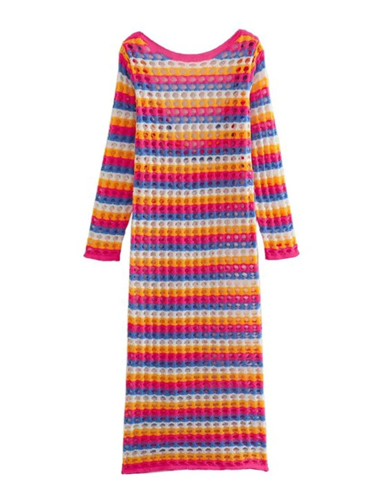 Long Sleeve Colorful Contrast Hollow Knit Maxi Dress