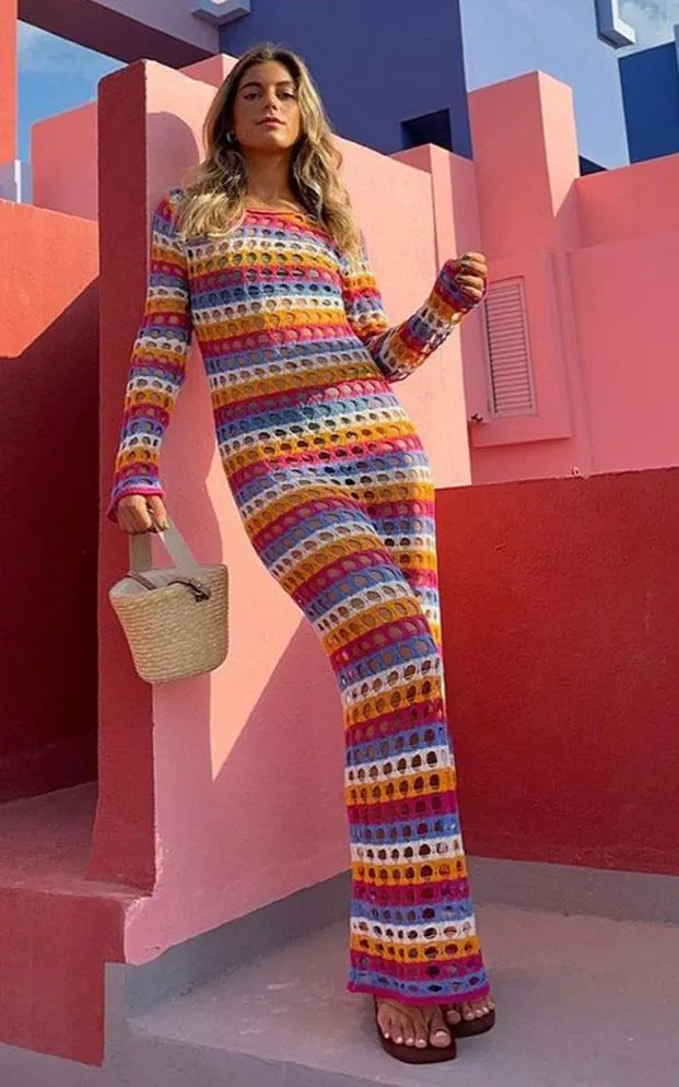 Long Sleeve Colorful Contrast Hollow Knit Maxi Dress