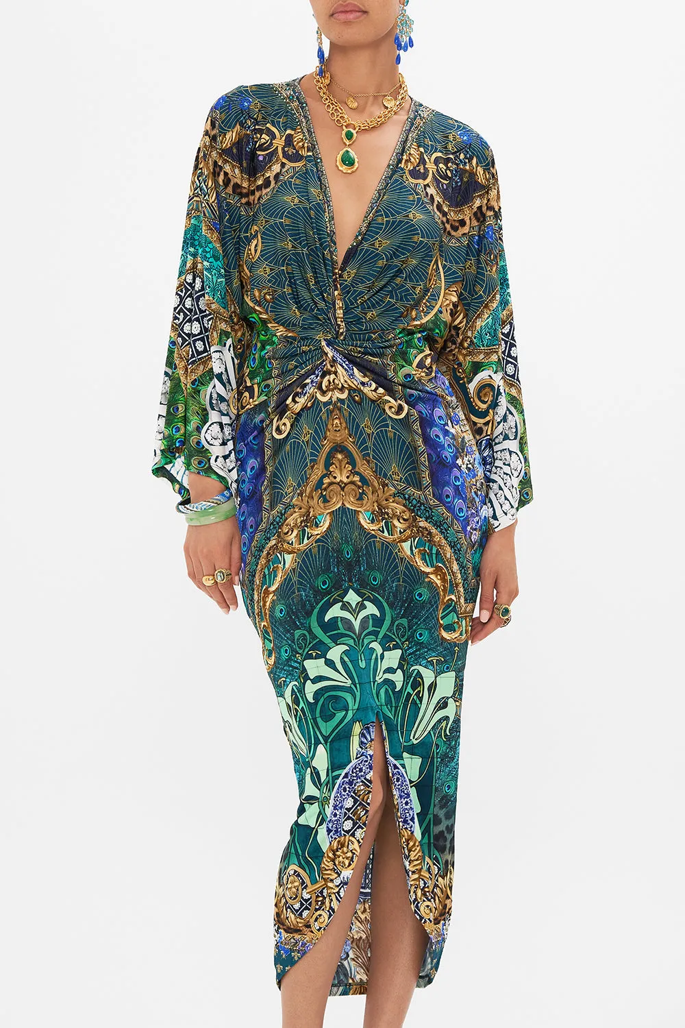 LONG SPLIT FRONT TWIST DRESS FAN DANCE