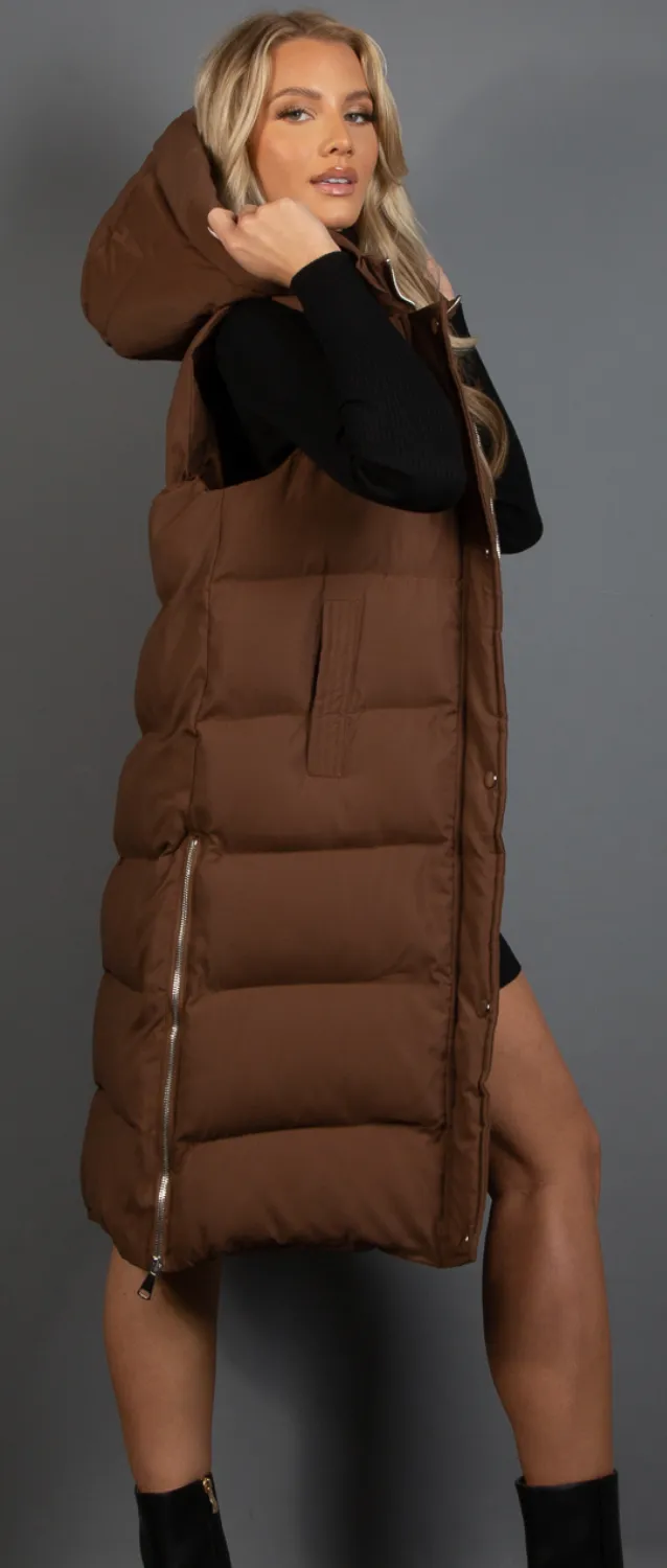 Longline Hooded Puffer Gilet (with side of leg zips to hips)
