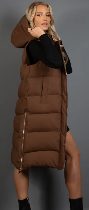 Longline Hooded Puffer Gilet (with side of leg zips to hips)