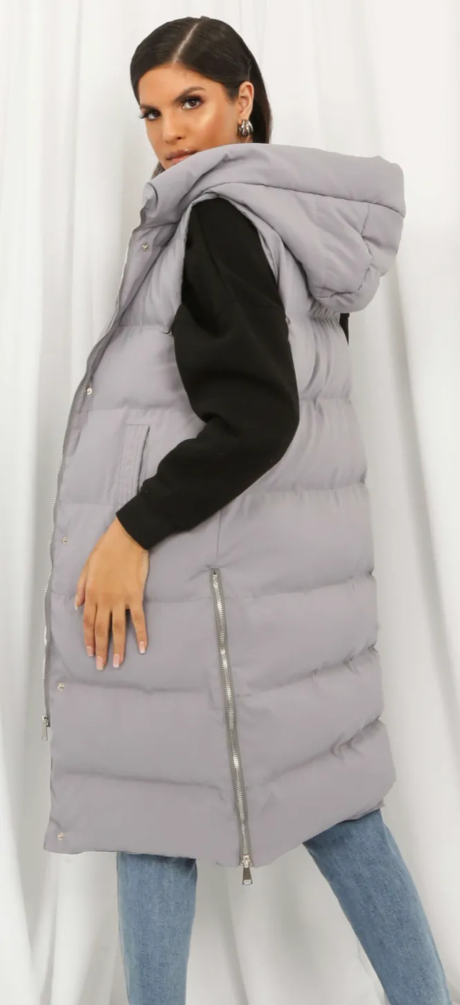 Longline Hooded Puffer Gilet (with side of leg zips to hips)